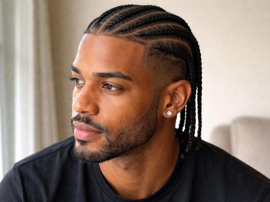 Adult man with neatly grown men’s braids, showing length and a clean scalp part line