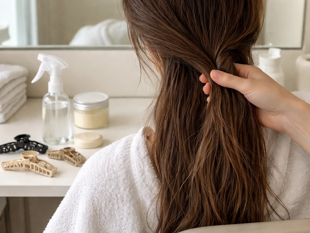 Towel-dried hair on a vanity with clips and braid styling products neatly laid out