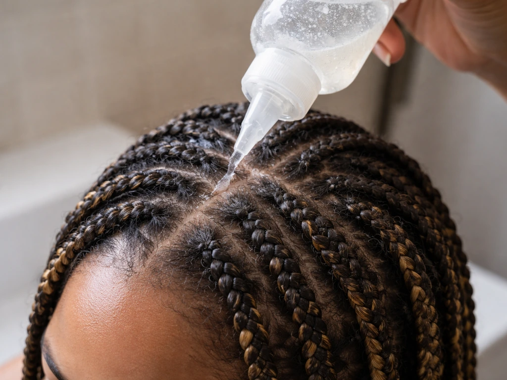 Applicator bottle applying diluted shampoo to the scalp between braids at a bathroom sink.