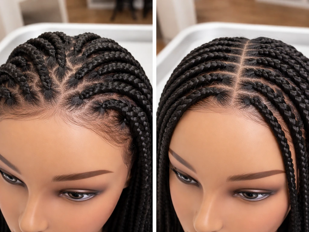 Side-by-side mannequin heads showing tight braid tension vs gentle knotless-style braids near the hairline.