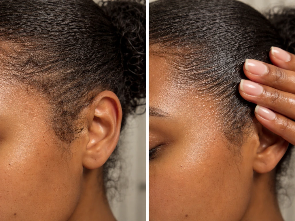 Close-up of hairline with short wispy hairs, then a hand gently moisturizes and smooths edges