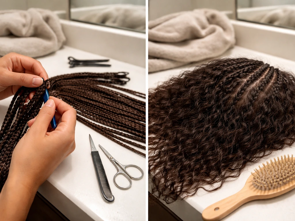 Hands using a seam ripper and clips to carefully remove braids in sections on a clean counter.