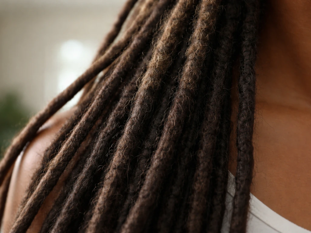 Close-up of dreadlocks showing lighter new growth at the roots and overall long length.