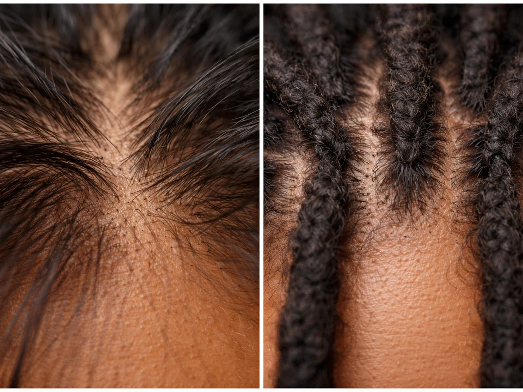 Split view of loose natural hair roots and dreadlock roots showing different hang and root growth.