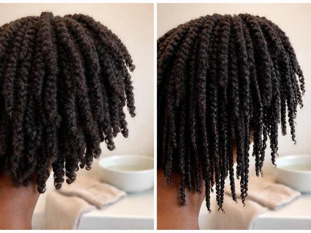 Close-up of coily dread-like hair showing shorter dry length and longer wet length in a simple basin scene.