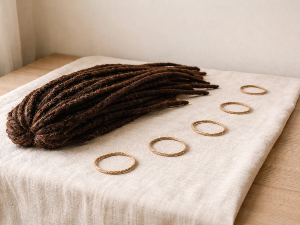 Natural dreadlocks on a cloth with simple twine loops showing short-to-long timeline cues.