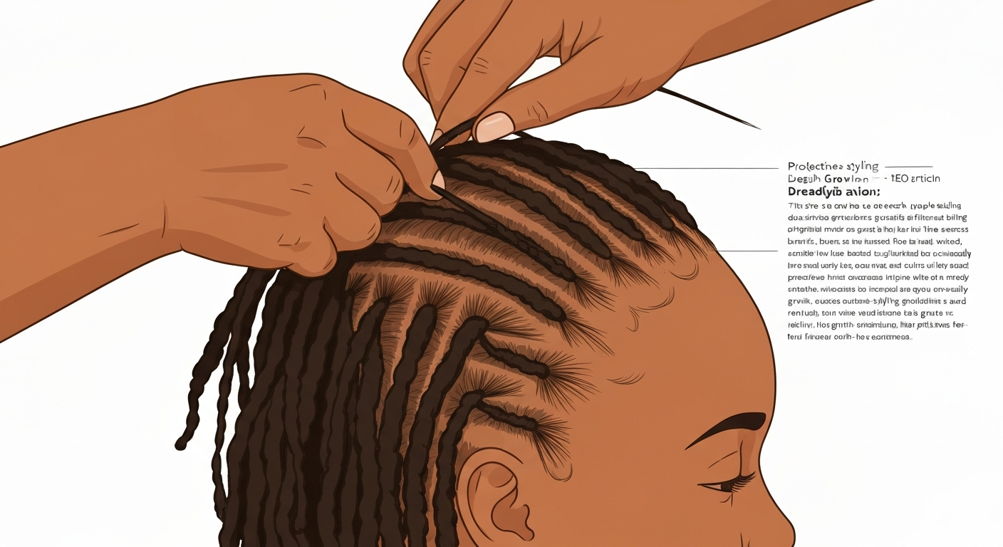 Illustration of hands braiding mature locs into a low-tension protective style