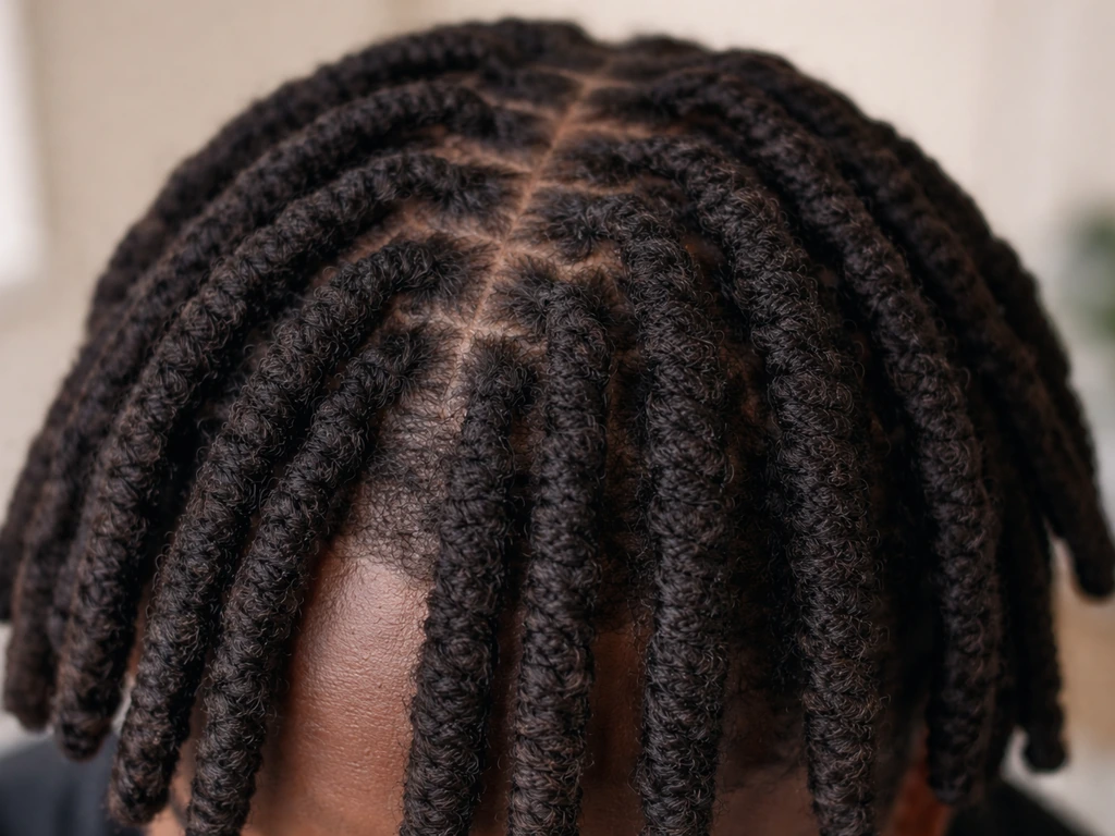 Close-up of fresh instant locs with visible crochet texture and natural scalp backdrop.