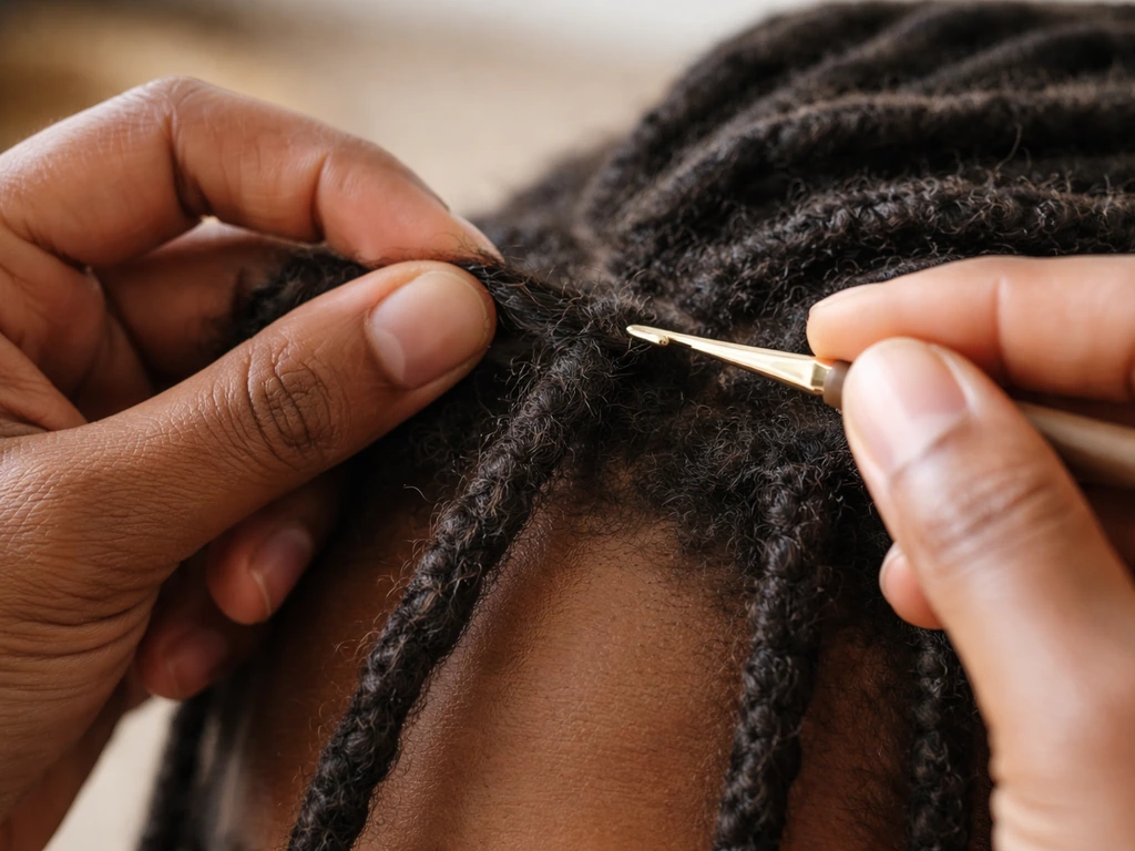 Close-up of hands using a crochet hook to interlock hair sections for instant locs