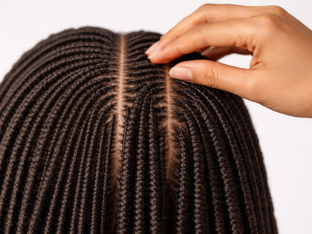 Close-up of different loc sizes and sectioning patterns on neat rows of faux instant locs.