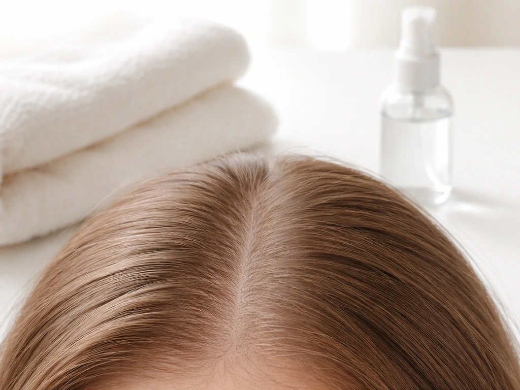 Clean, healthy scalp with a soft towel and gentle water-mist setup suggesting regular washing and drying.