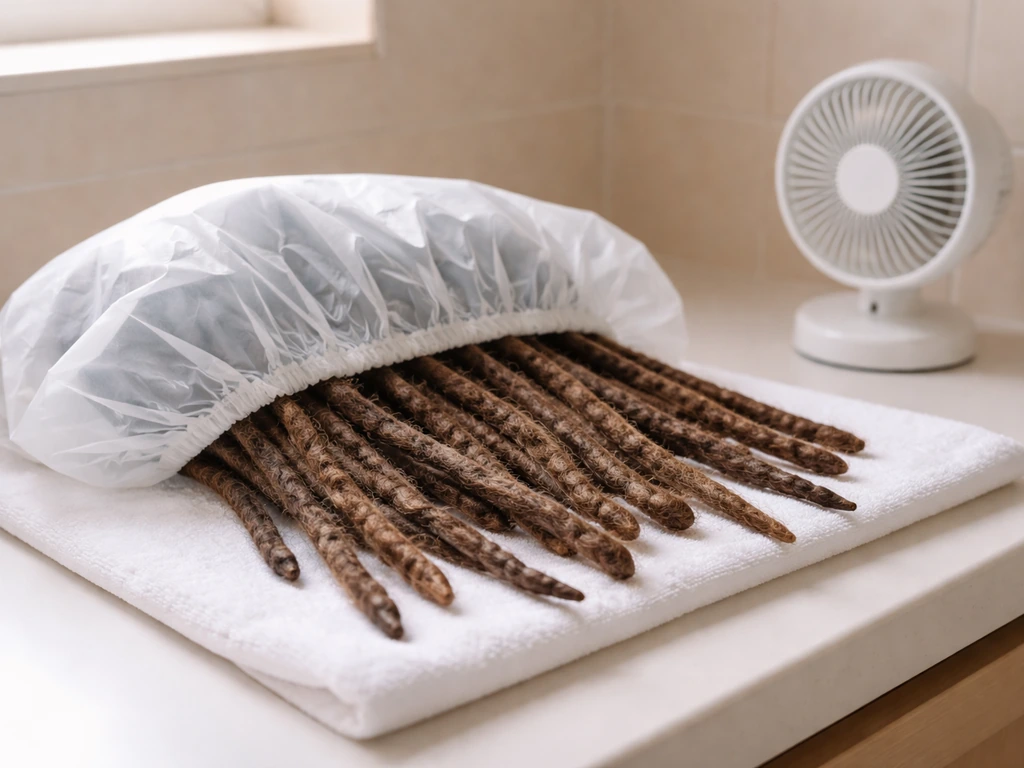 Anonymous locs drying on a towel with a hood and a small fan to prevent trapped moisture.
