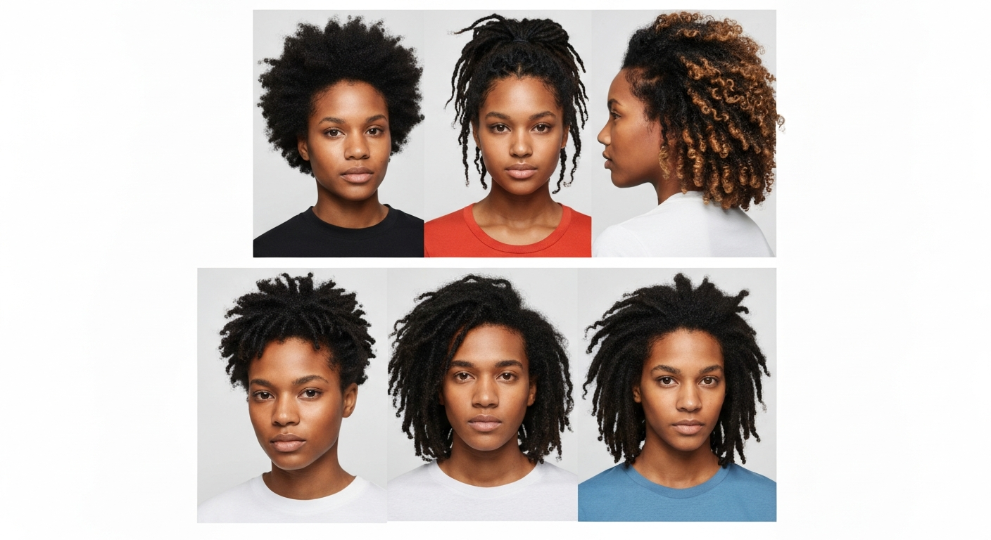 Four diverse people showing different stages and textures of locs, from starter to mature.
