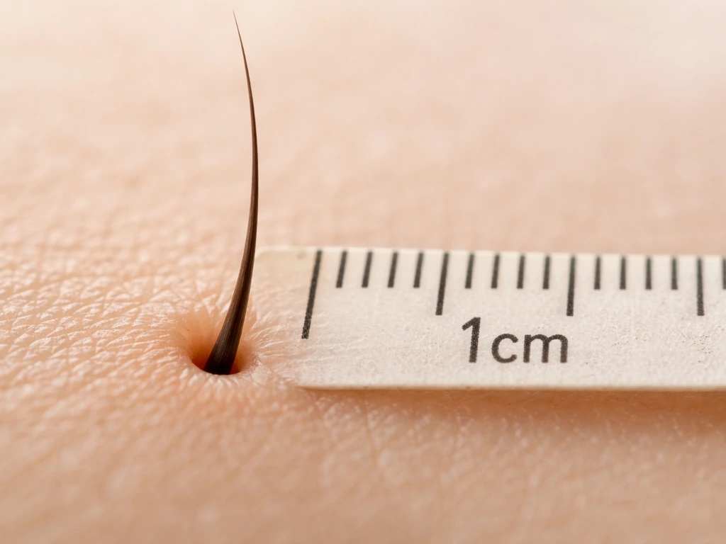 Macro view of a hair emerging from a follicle next to a measuring tape segment.