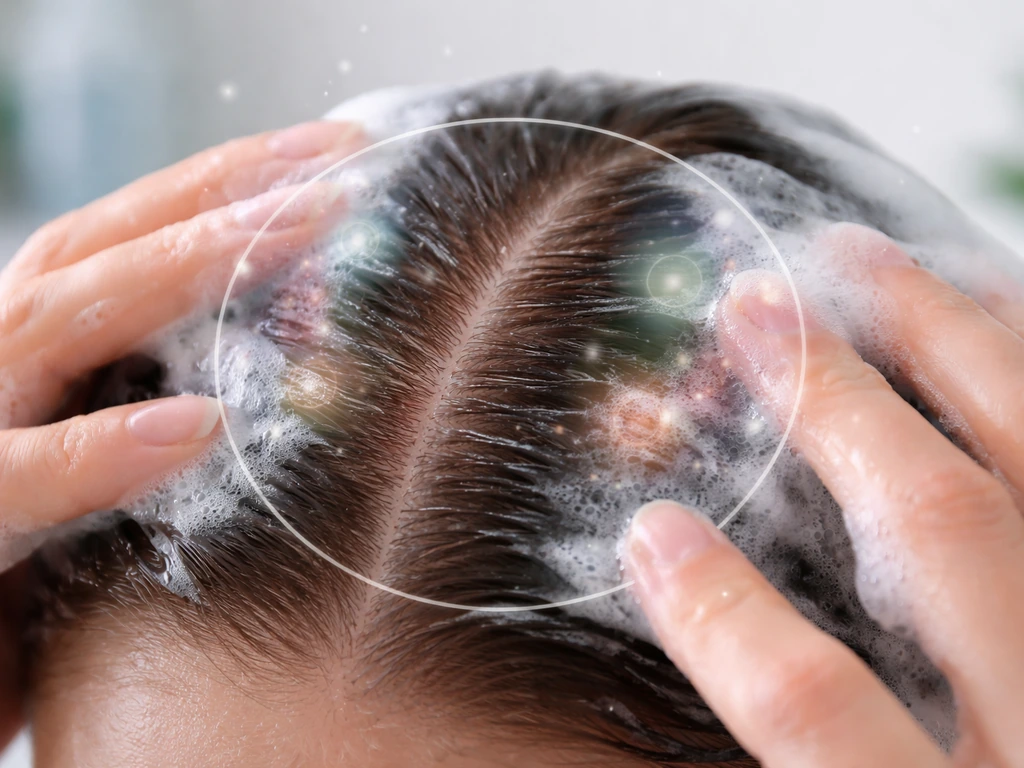 Close-up of a clean scalp with soft foam wash being gently massaged in, focused on scalp health.