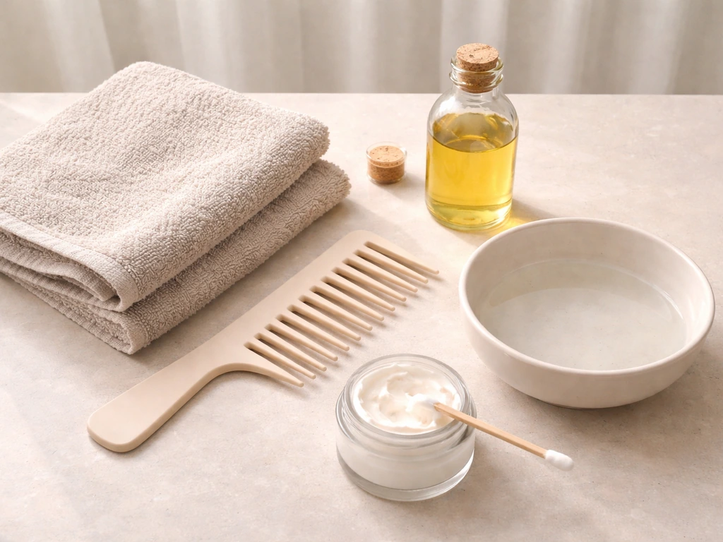 Hair-care tools and oil on a neutral bathroom counter, minimal setup for a week-by-week routine.