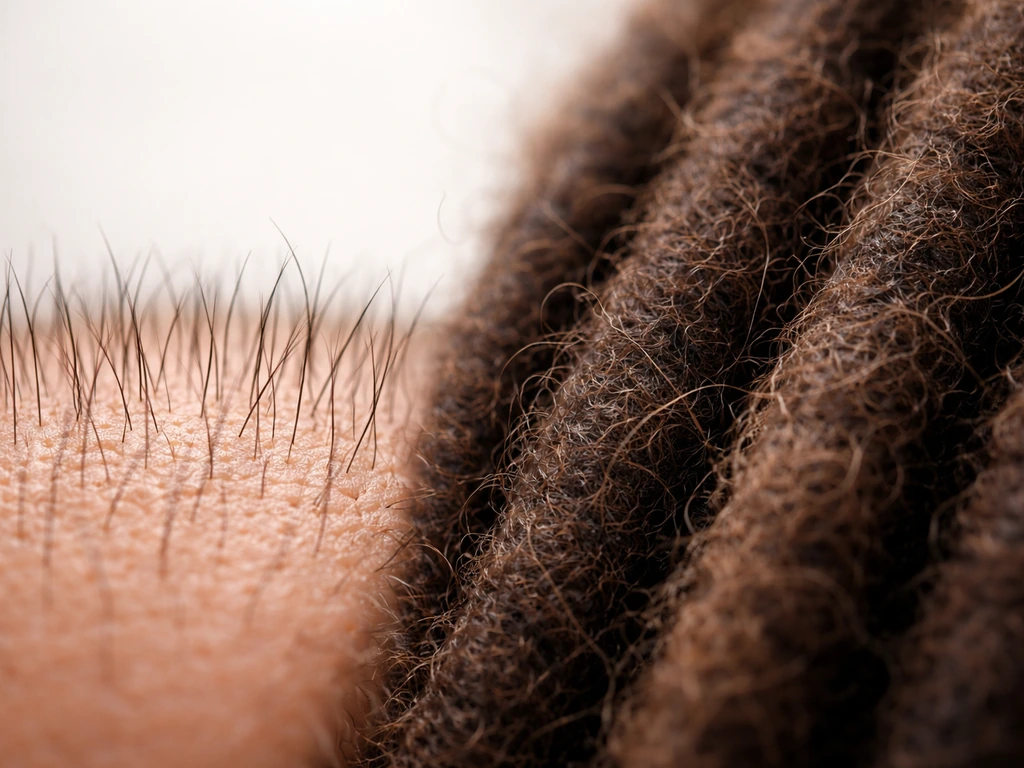 Macro close-up contrasting fine hair growing from scalp with a tightly tangled loc cluster.