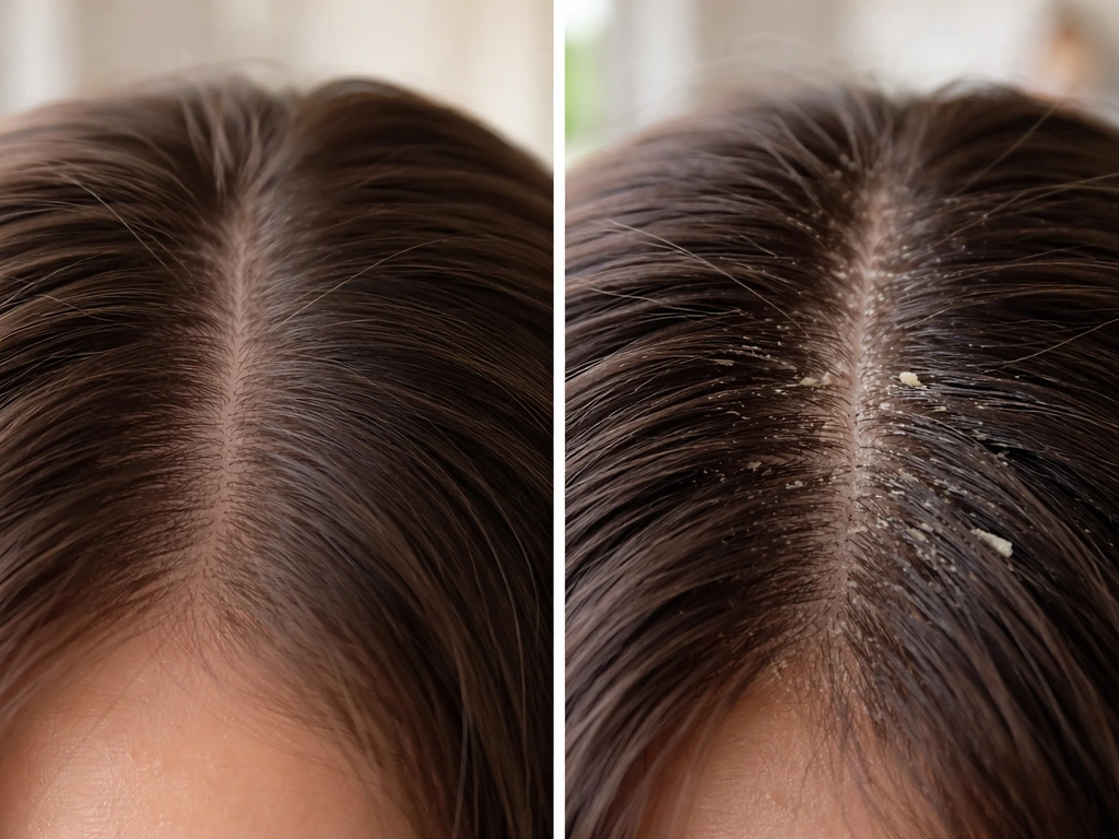 Clean scalp texture on one side vs subtle sebum and product buildup on the other, realistic close-up.