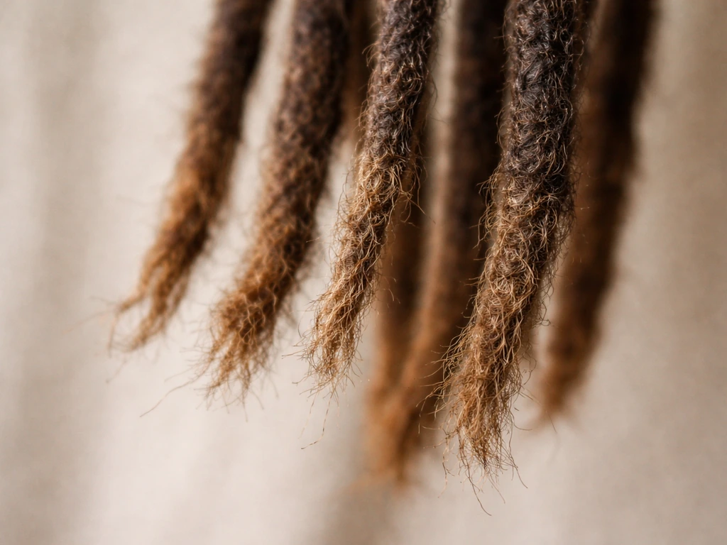 Close-up of loc ends with visible dry, brittle breakage beside healthier mid-shaft hair
