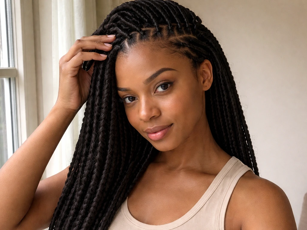 Woman in faux locs showing healthy hairline and scalp between locs near a window in natural light.