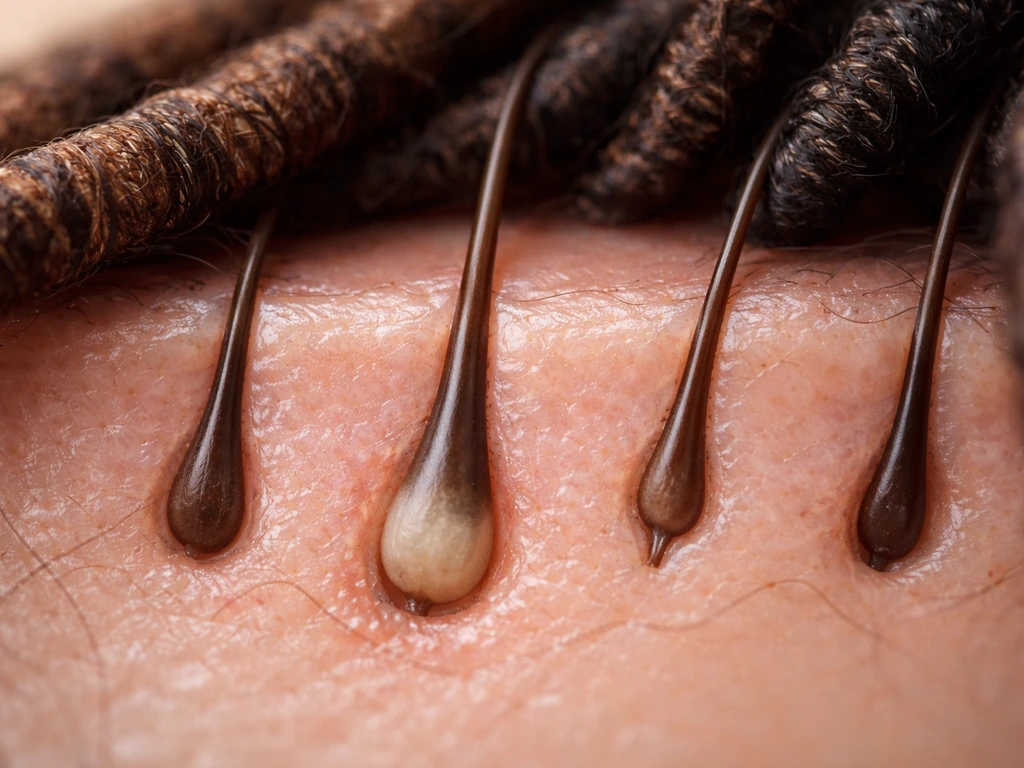 Close-up macro view of a scalp hair follicle with three subtle growth-phase stages under protective faux locs