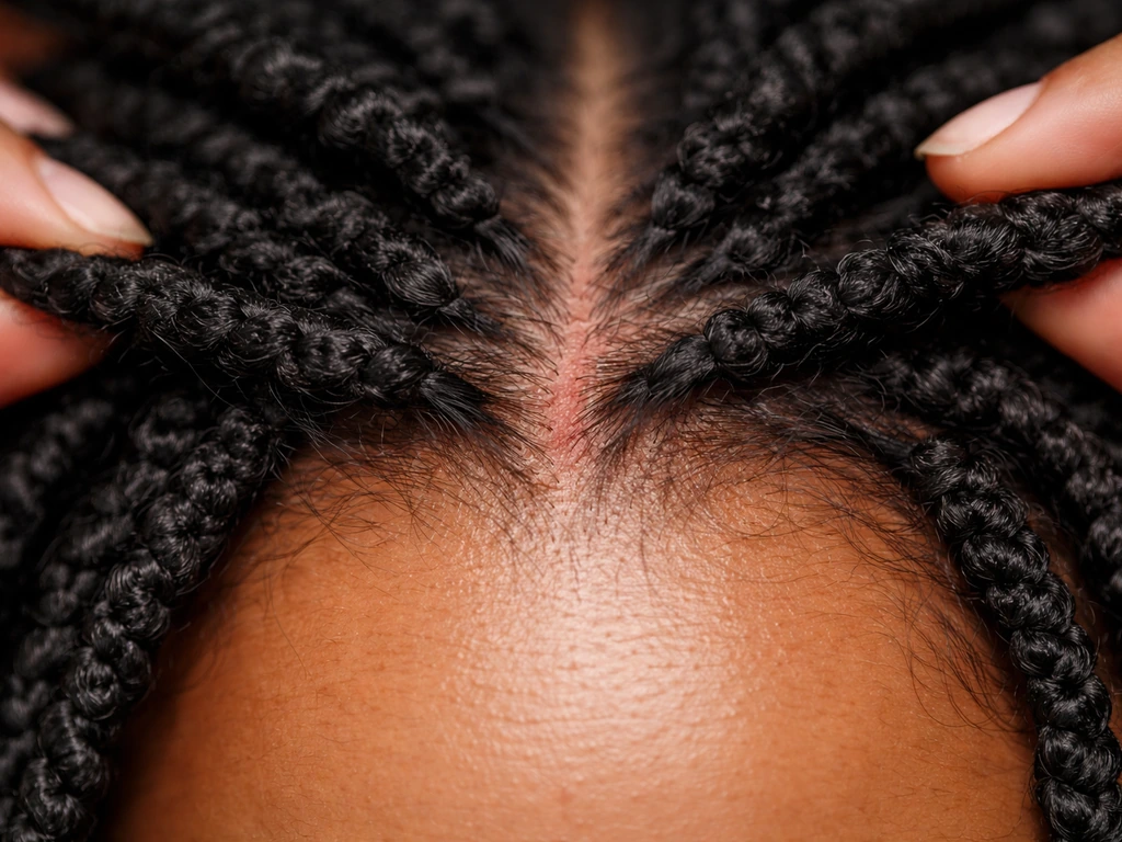 Close-up of scalp hairline with two hair strands gently pulled apart, showing stressed root area