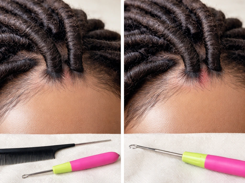 Close-up of faux loc roots showing comfortable vs overly tight tension at the hairline.
