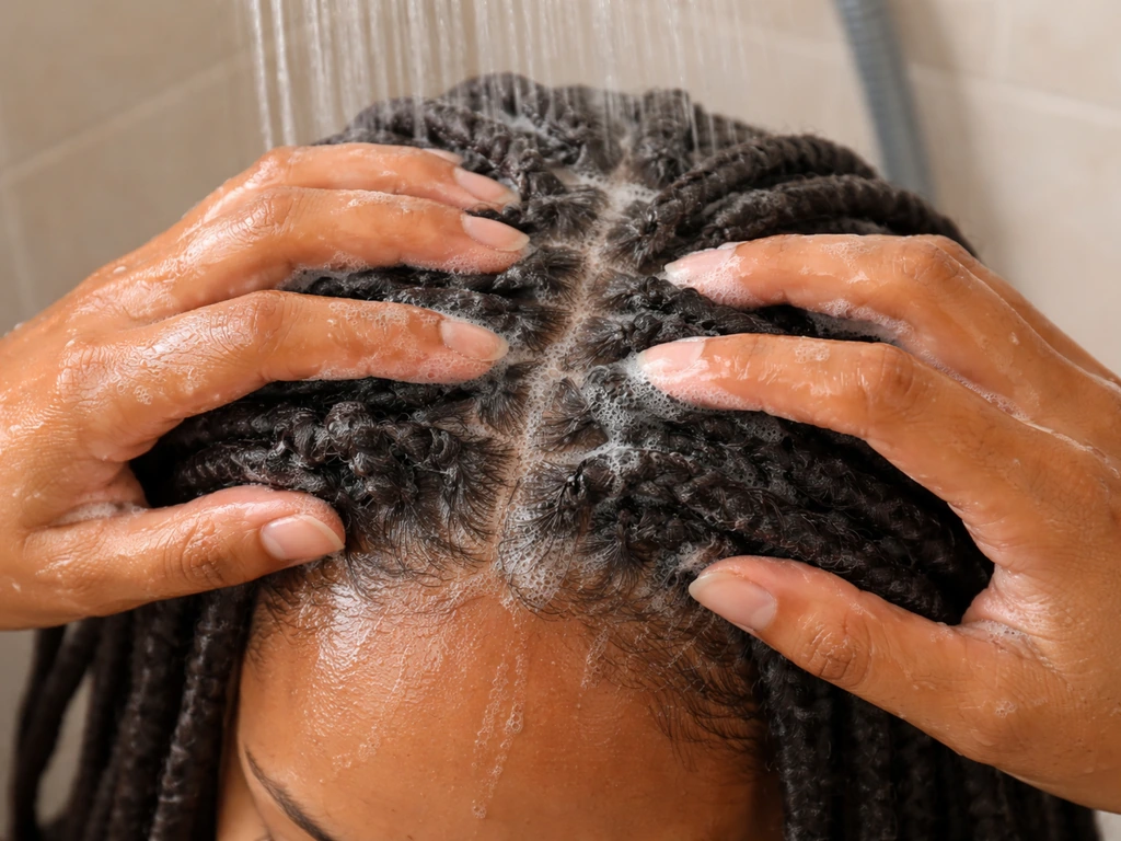Person gently massaging scalp while rinsing faux locs with diluted shampoo
