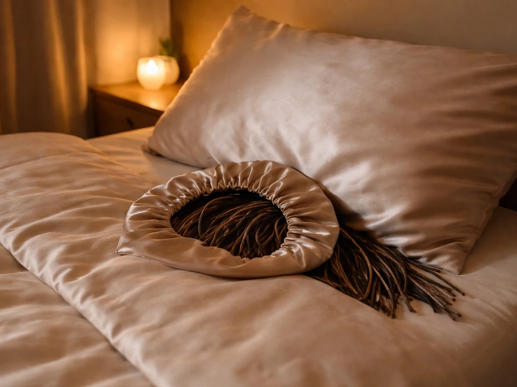 Satin bonnet and satin pillowcase on a neatly made bed with faux locs tucked in for night protection.