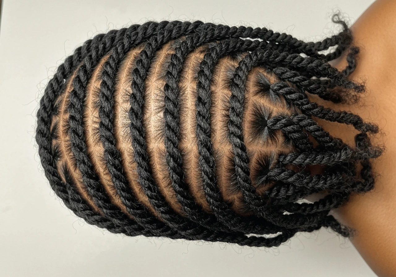 Close-up of small mini twists laid neatly along the scalp, showing protective styling texture and pattern.