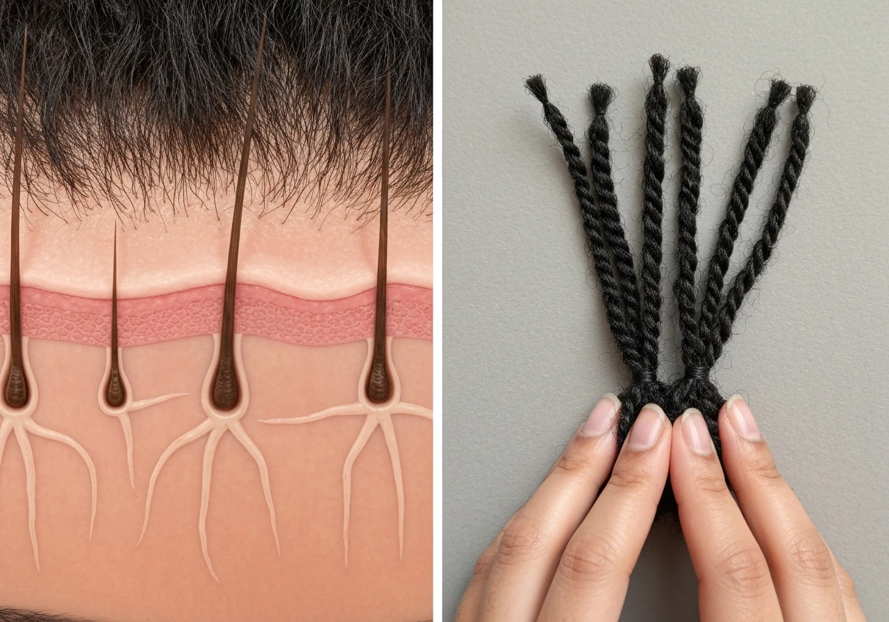 Split view: follicles under scalp on left, protected mini-twist ends on right.
