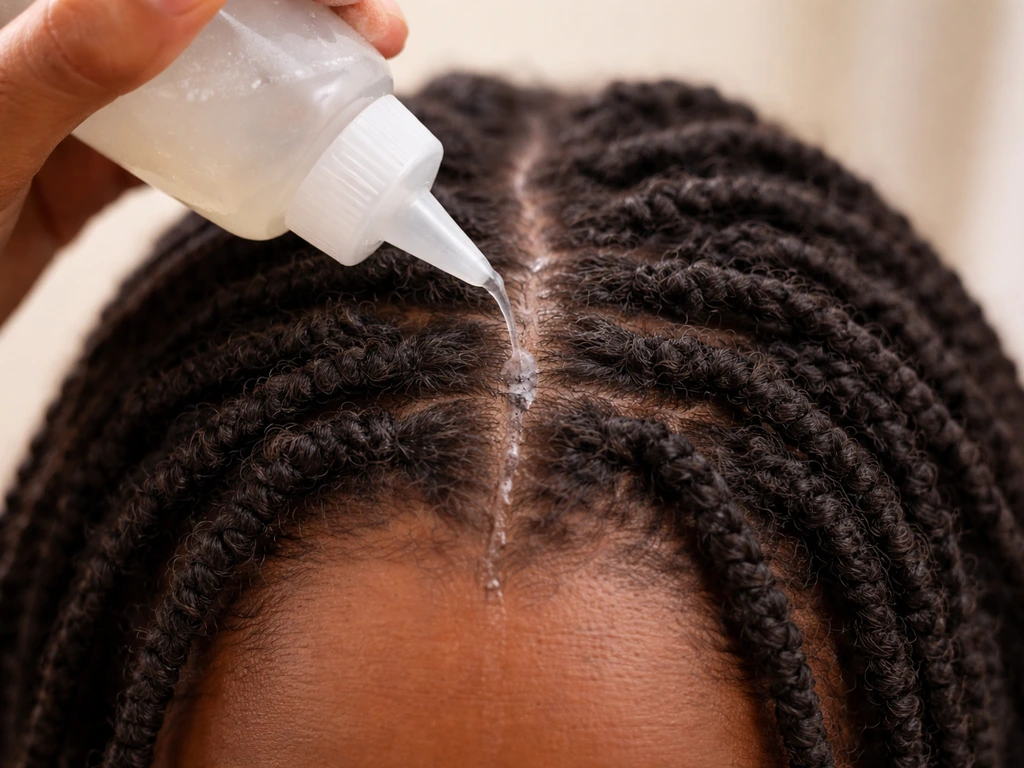 Hand squeezing diluted shampoo from a squeeze bottle onto the scalp between mini twists.