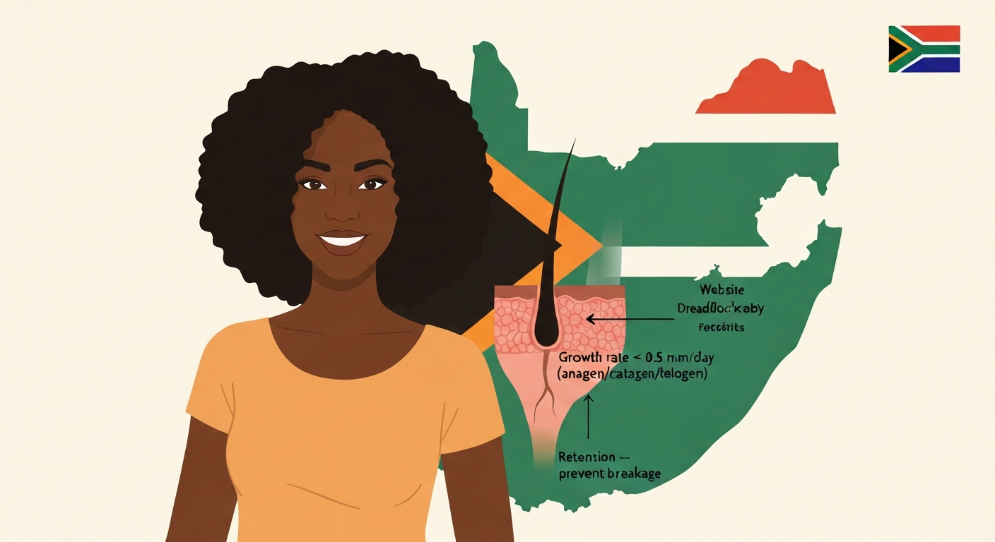 Illustration of a Black woman with natural textured hair and a labeled diagram showing hair growth at the follicle versus breakage at the ends, with a subtle South Africa map in the background.