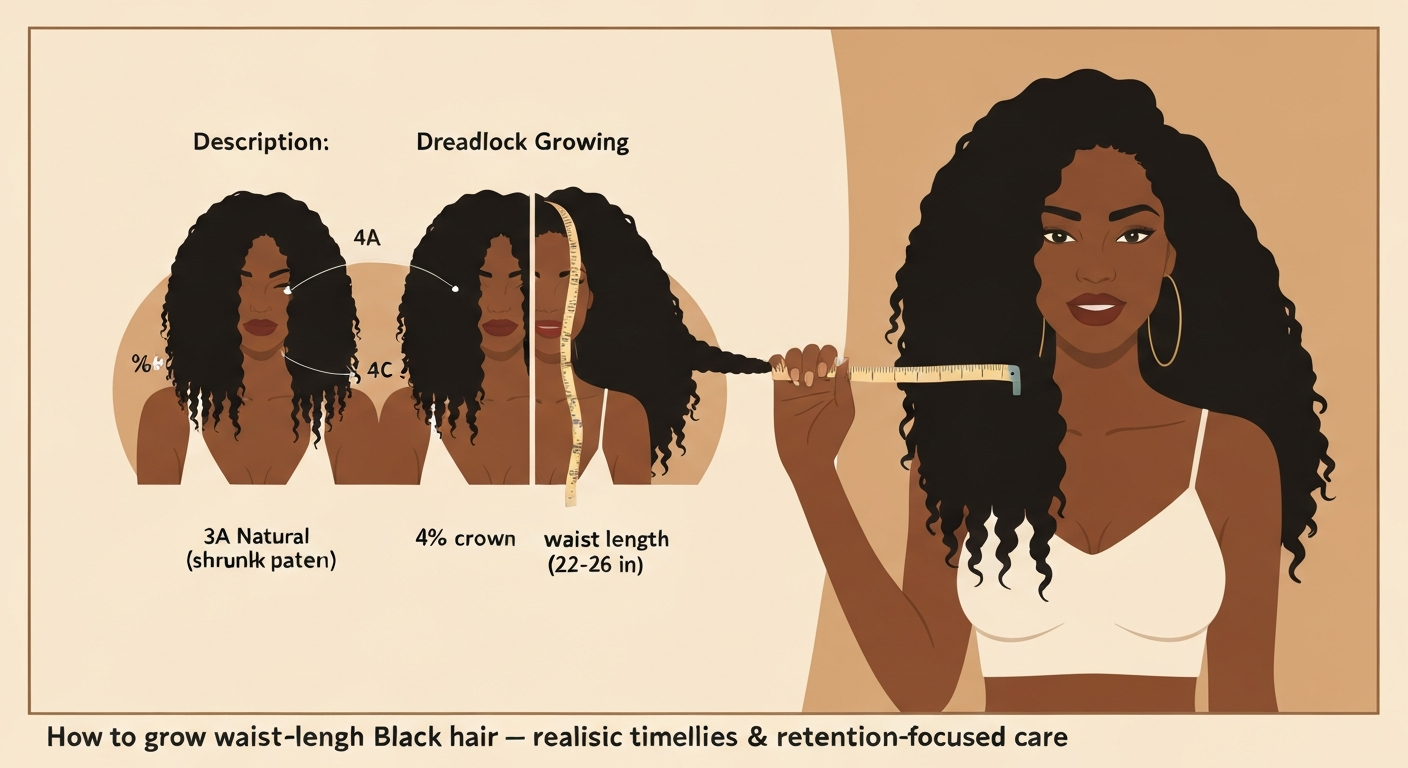 Illustrated educational hero showing Black person with waist-length black hair and side-by-side views of natural shrinkage vs stretched length for 3A, 4A, and 4C textures, with tape-measure indicating waist length.