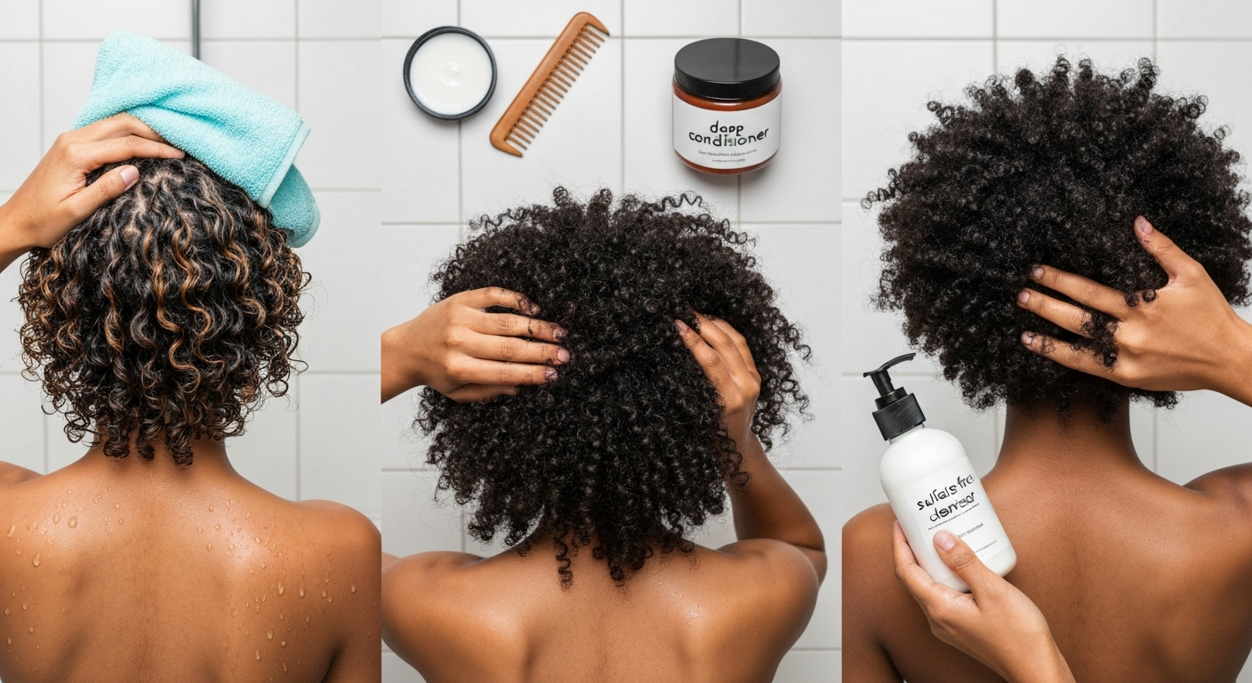 Overhead shot of diverse textured hair types in a wash-and-go routine: damp curls, styling products, and tools.