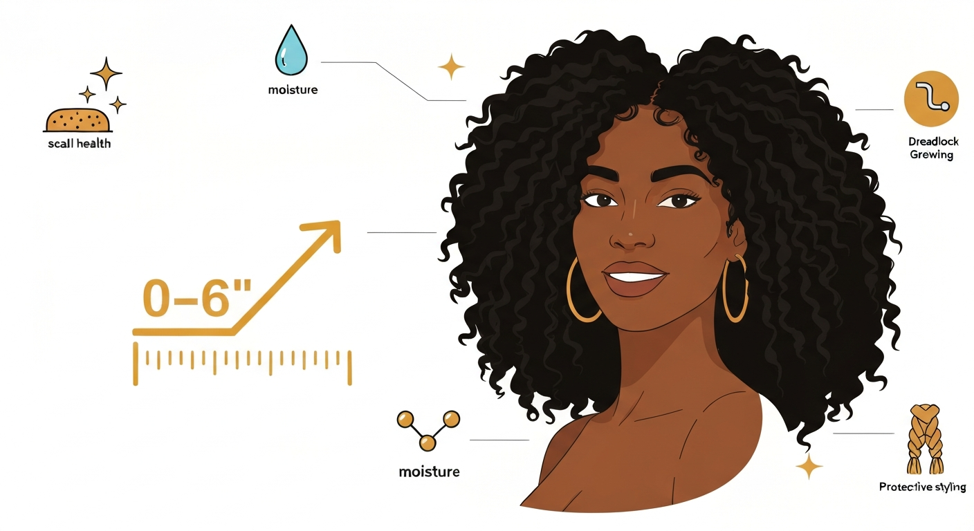 Stylized illustration of a confident Black person with healthy natural kinky (type 4) hair, with a faint growth ruler and icons for scalp health, moisture, protein, and protective styling indicating a holistic hair-growth approach.