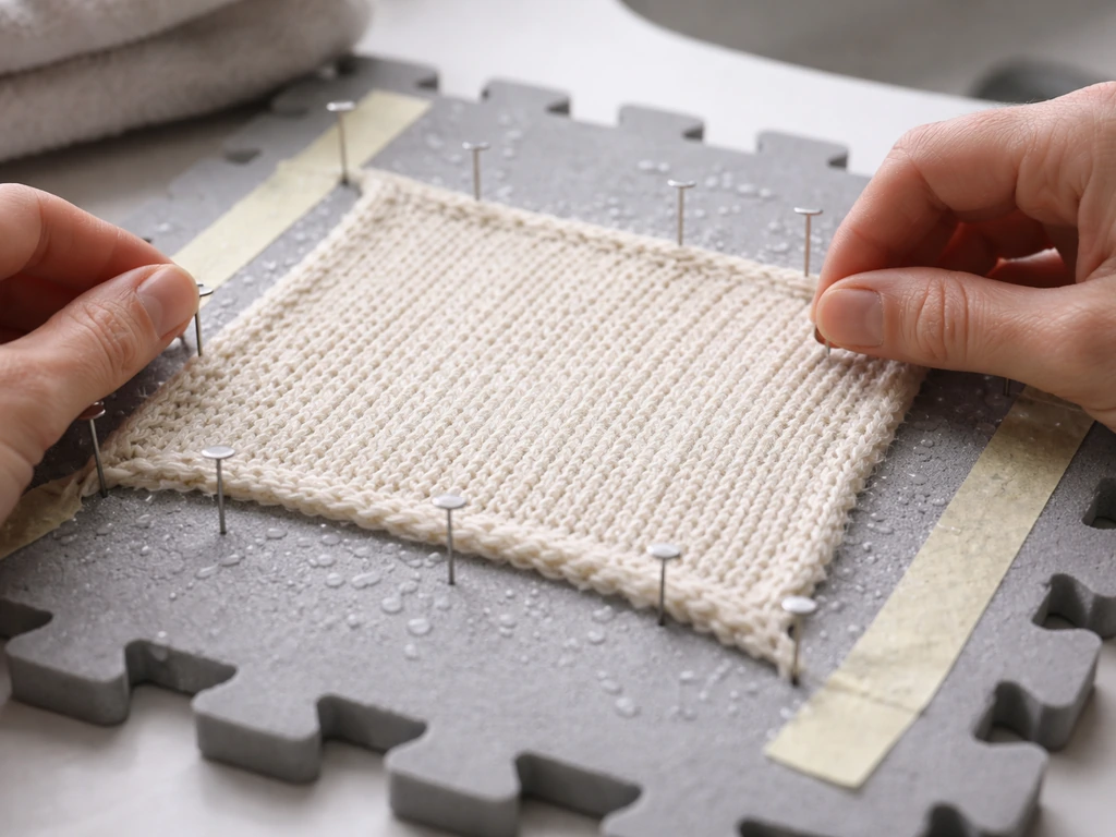 Hands pin a damp cotton knit swatch onto a blocking mat with pins and tape visible.