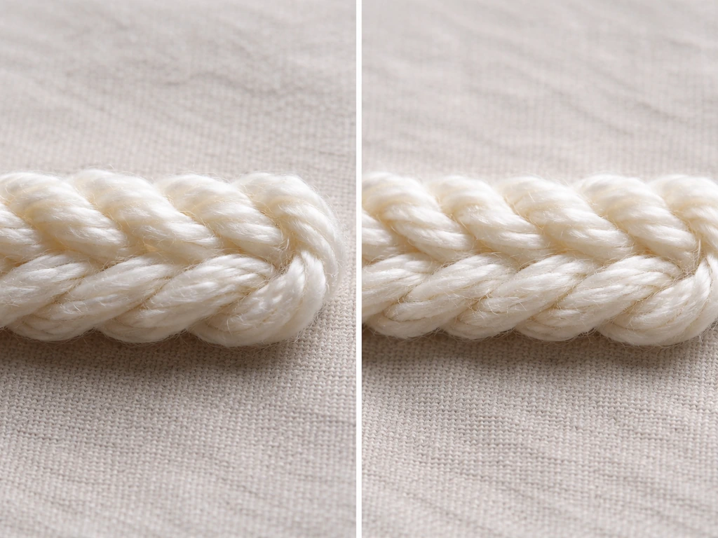 Close-up side-by-side cotton yarn: wet yarn loops swollen and partially dried yarn relaxed