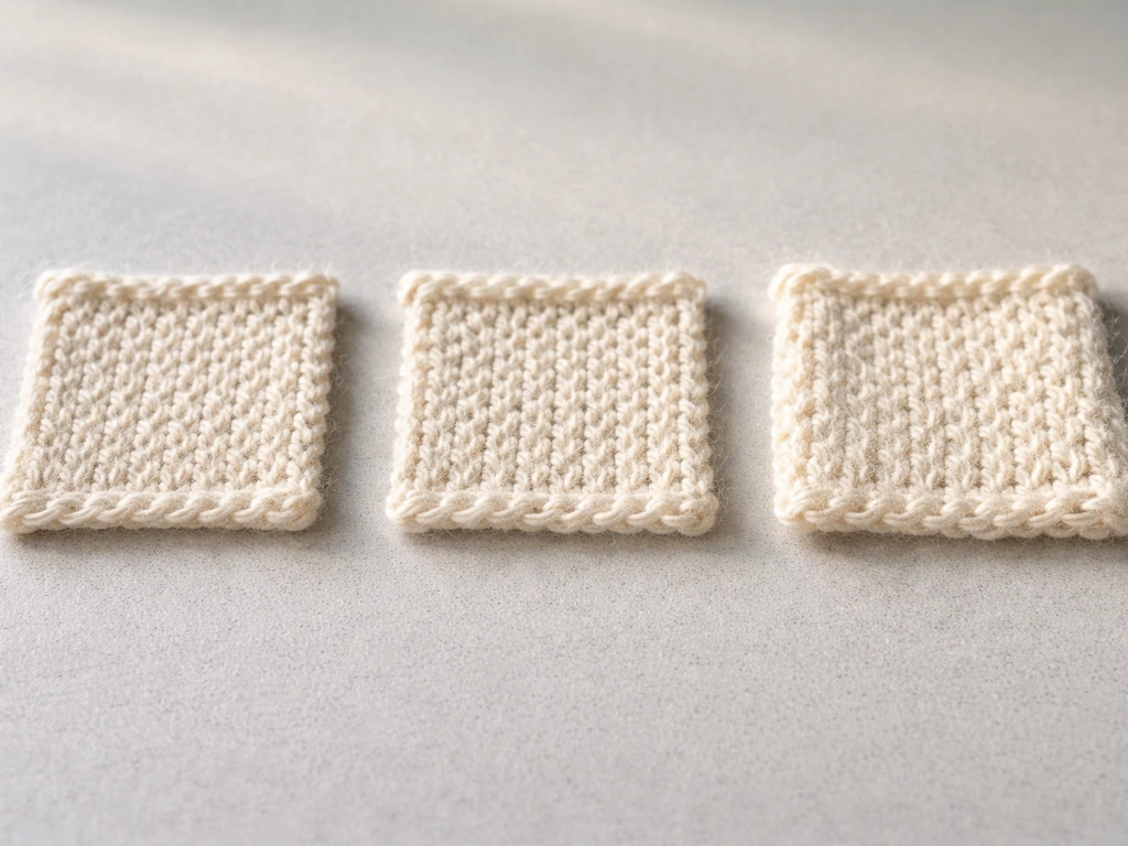 Three small knit yarn swatches showing different twist and thickness on a plain tabletop.