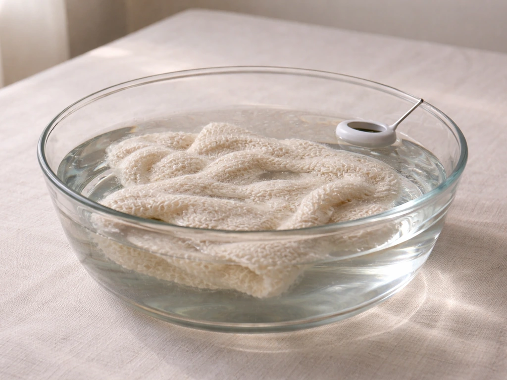 Room-temperature water basin with a cotton knit swatch soaking for wet blocking, with thermometer cue.
