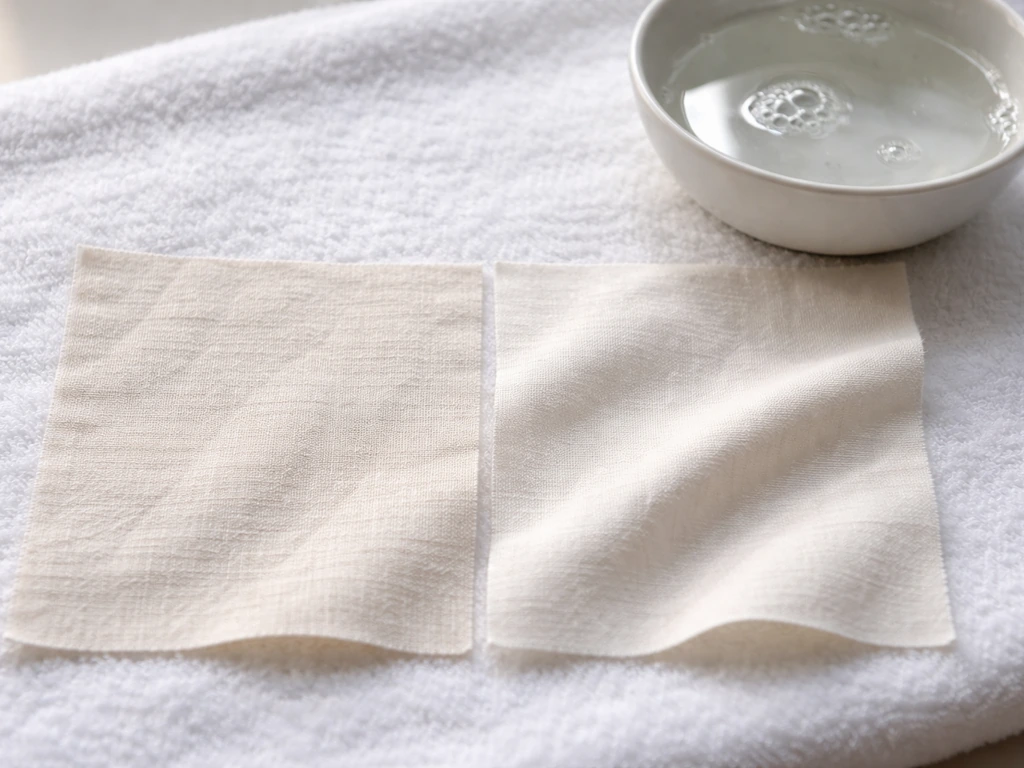 Cotton yarn swatch drying with two side-by-side fabric samples showing texture differences after re-soak.