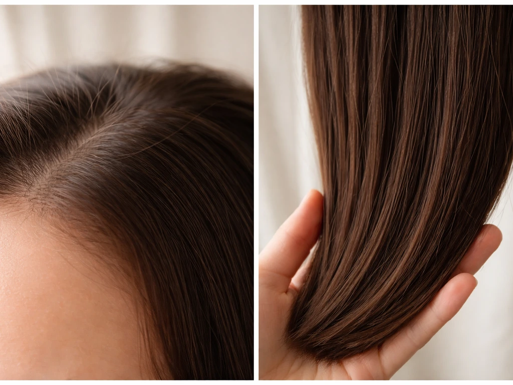 Split-screen photo-style illustration showing new hair growth at roots versus length retention with less breakage.