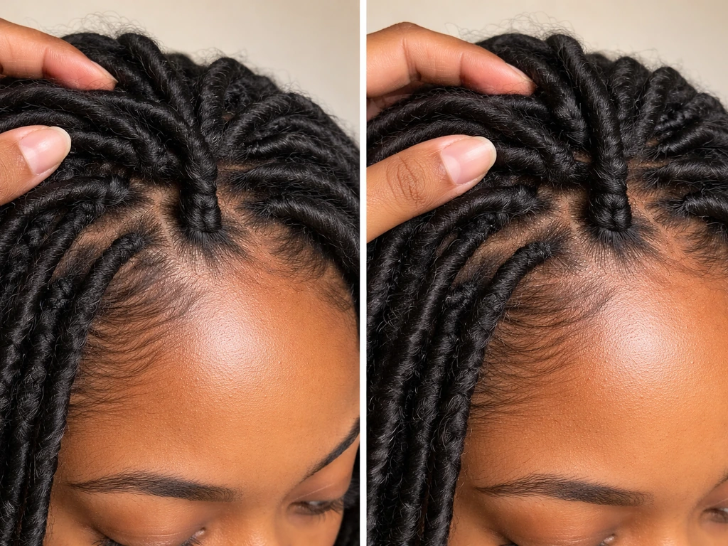 Hair roots shown with one section neatly placed and another too-tight braid causing tension at the scalp.
