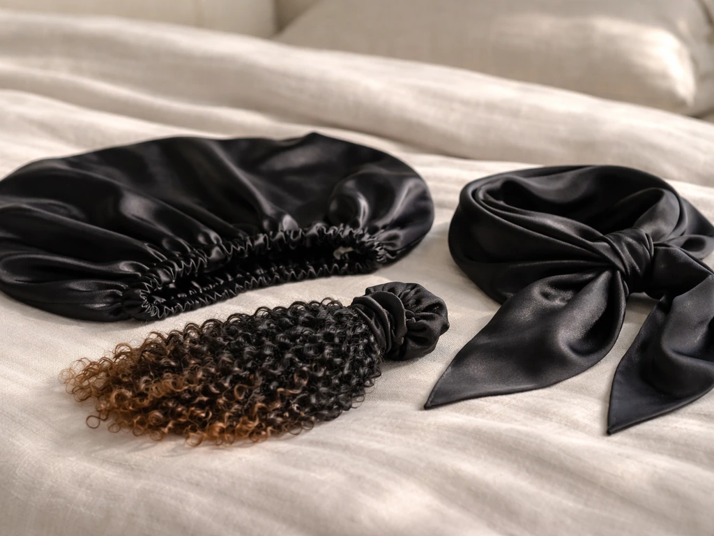 Satin bonnet and scarf laid flat beside crochet braids hair for a sleep-protection setup.