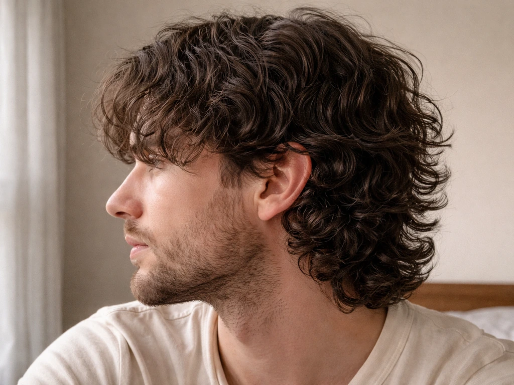 Close side view of a man’s textured hair showing natural curl waves after growing out at different lengths