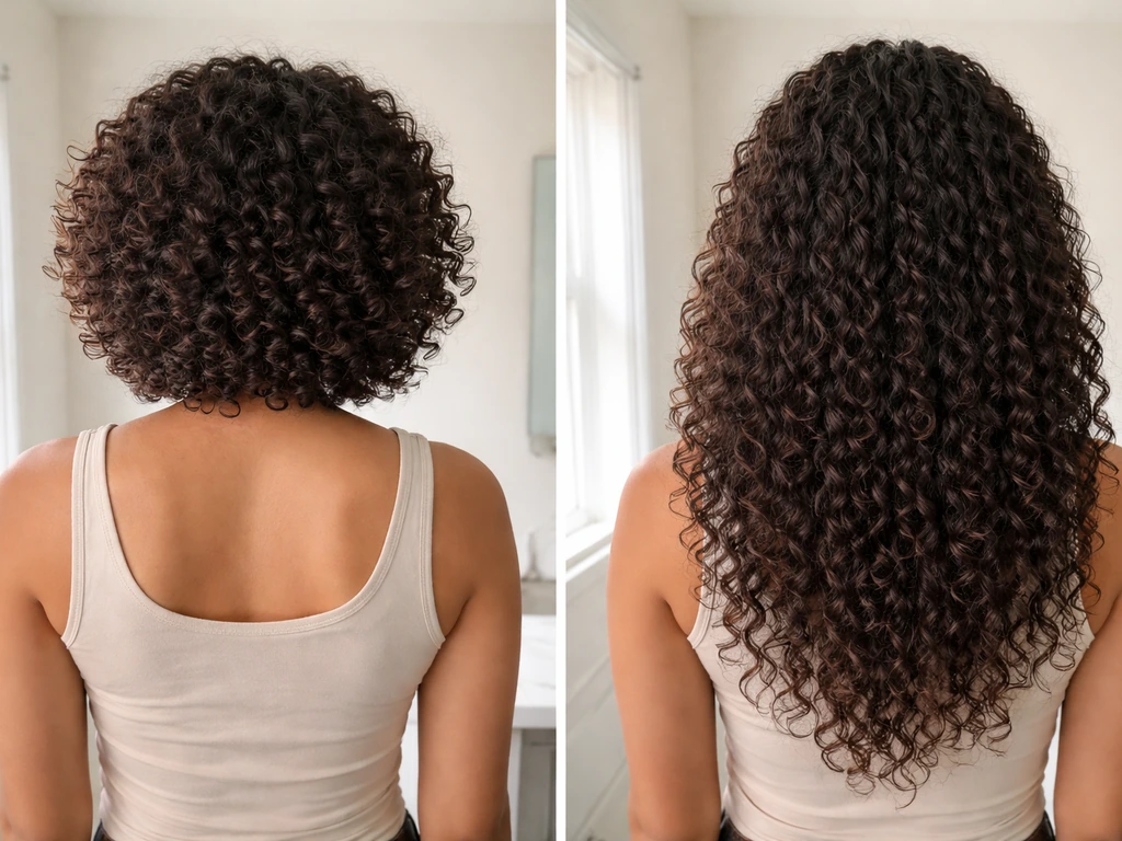 Same person with two curly hair lengths showing more elongation and weight when grown out.