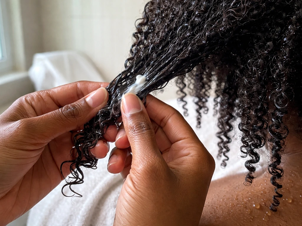 Anonymous hands applying leave-in curl cream and finger-coiling damp textured hair in natural light.