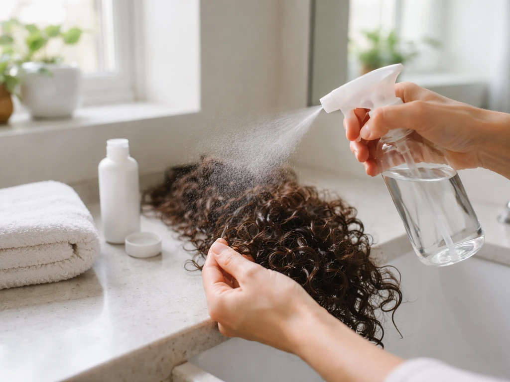 Hand holding a spray bottle and leave-in cream near curly hair, simple bathroom routine setup