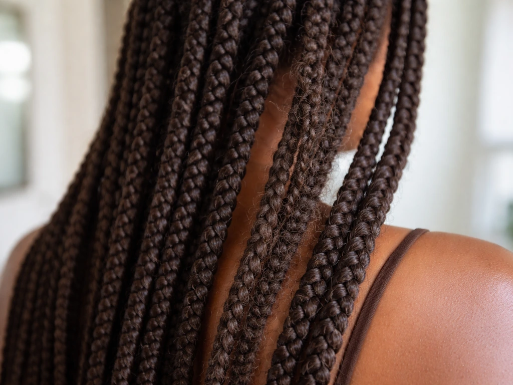 Close-up of neat braids with roots visible, suggesting hair retention and reduced breakage from tension.