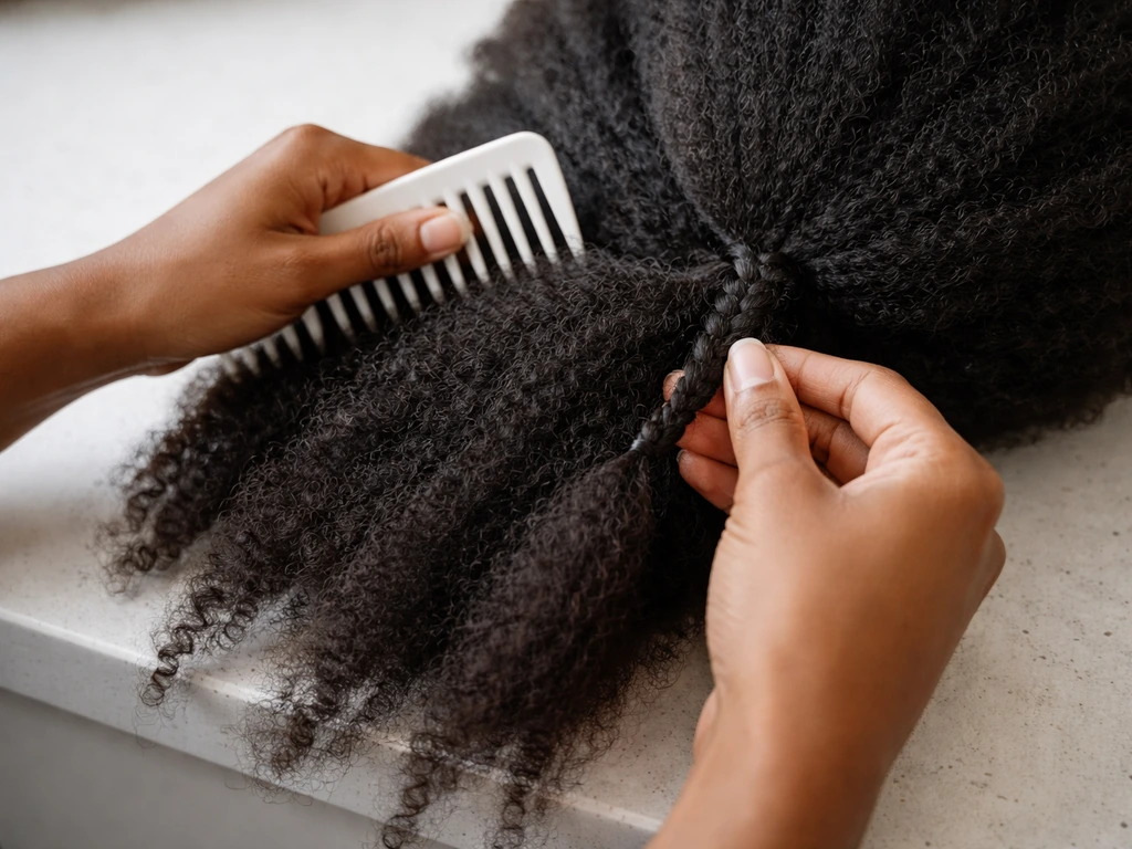 Hands gently detangling textured hair, then braiding small sections to show reduced daily handling.